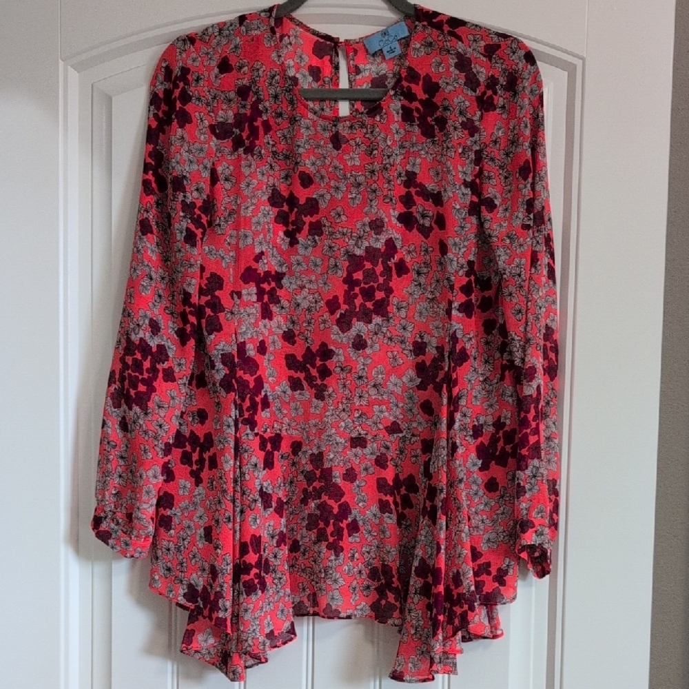 CeCe Coral Asymmetrical Ruffled Peplum Blouse